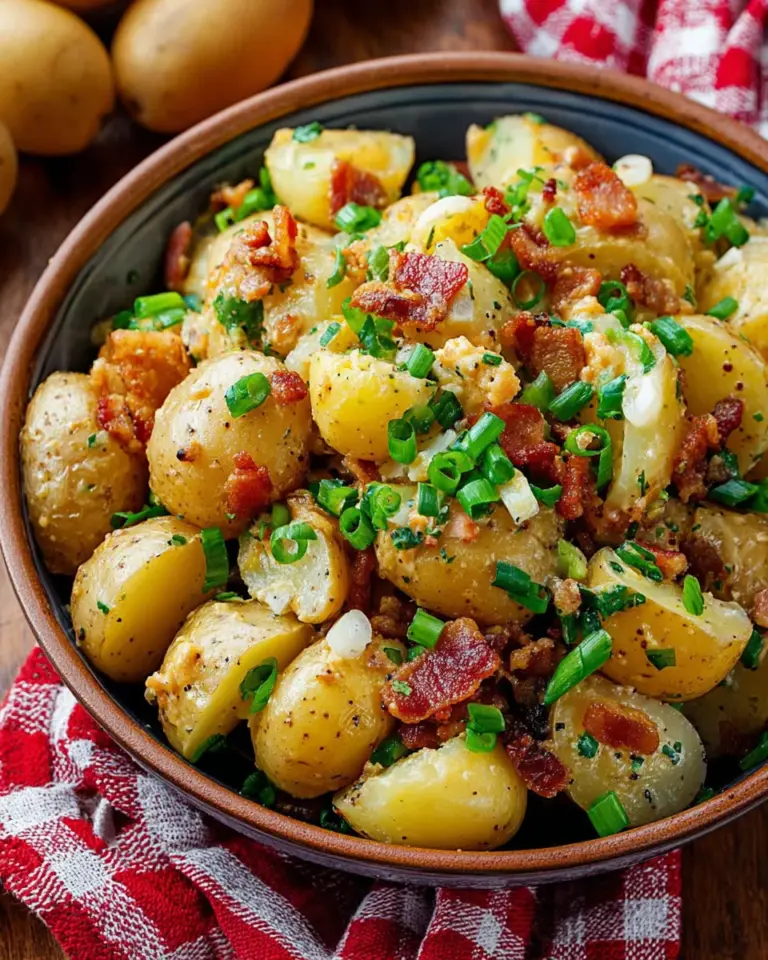 Warm German Potato Salad Recipe, with bacon, vinegar, and mustard!