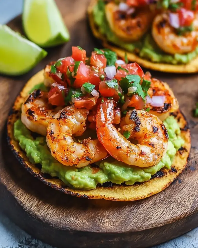 Grilled Shrimp Tostadas with Guacamole & Pico de Gallo
