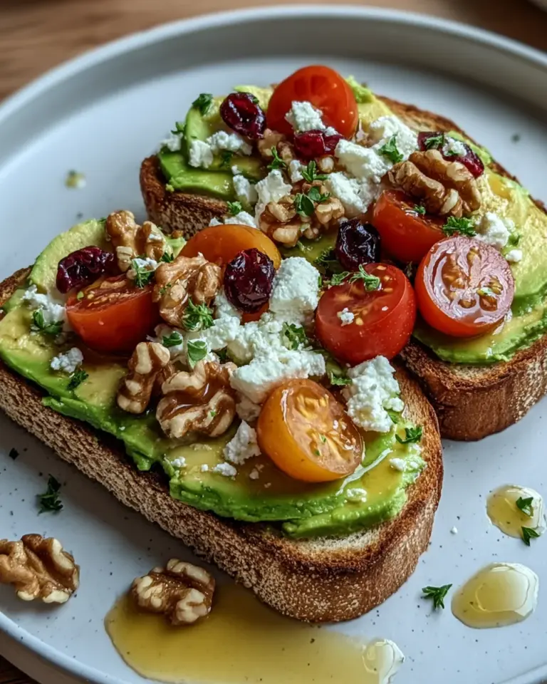 Avocado Toast with Feta, Cherry Tomatoes, Cranberries, and Walnuts