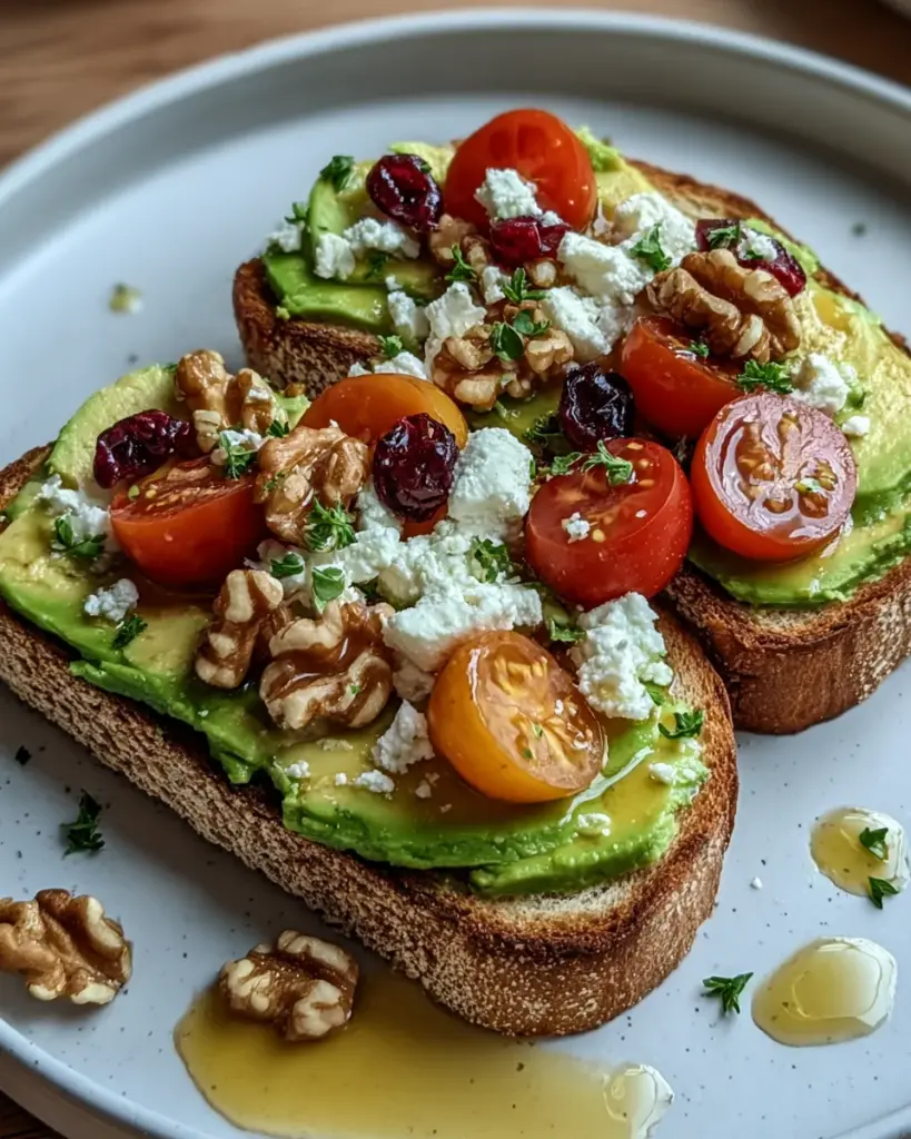Avocado Toast with Feta, Cherry Tomatoes, Cranberries, and Walnuts