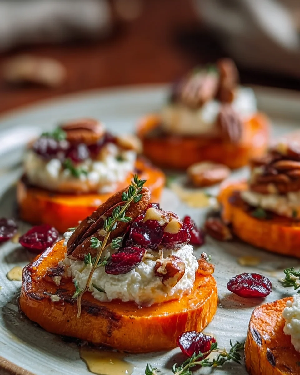 Roasted Sweet Potato Rounds with Whipped Goat Cheese, Cranberries & Pecans
