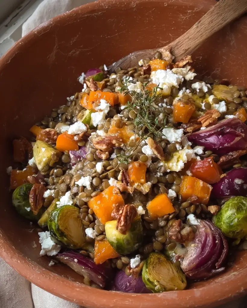 Roasted Veggie Lentil Salad with Maple-Mustard Dressing