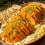 Baked butternut squash on feta dip