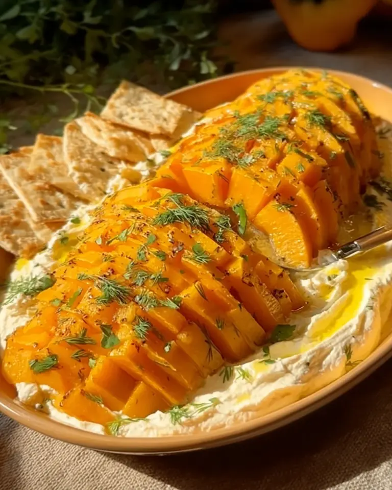 Baked butternut squash on feta dip