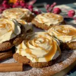 Soft Gingerbread Cookies topped with Vanilla Bean Buttercream Frosting and Salted Caramel