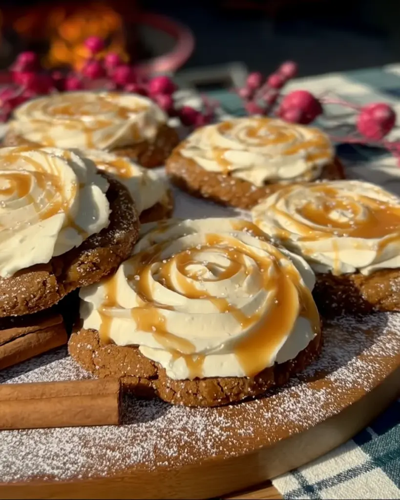 Soft Gingerbread Cookies topped with Vanilla Bean Buttercream Frosting and Salted Caramel