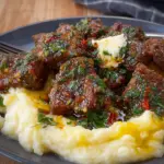 Butter Garlic Steak Bites and Mashed Potatoes