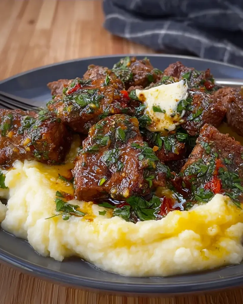 Butter Garlic Steak Bites and Mashed Potatoes