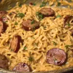 Creamy, spicy garlic noodles with sausage