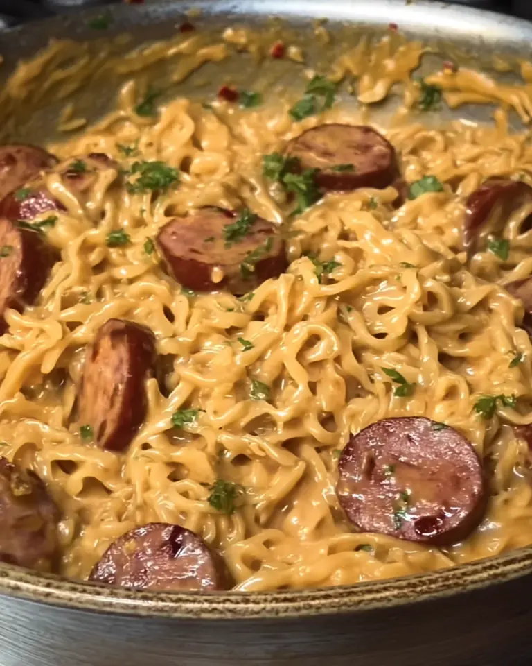 Creamy, spicy garlic noodles with sausage
