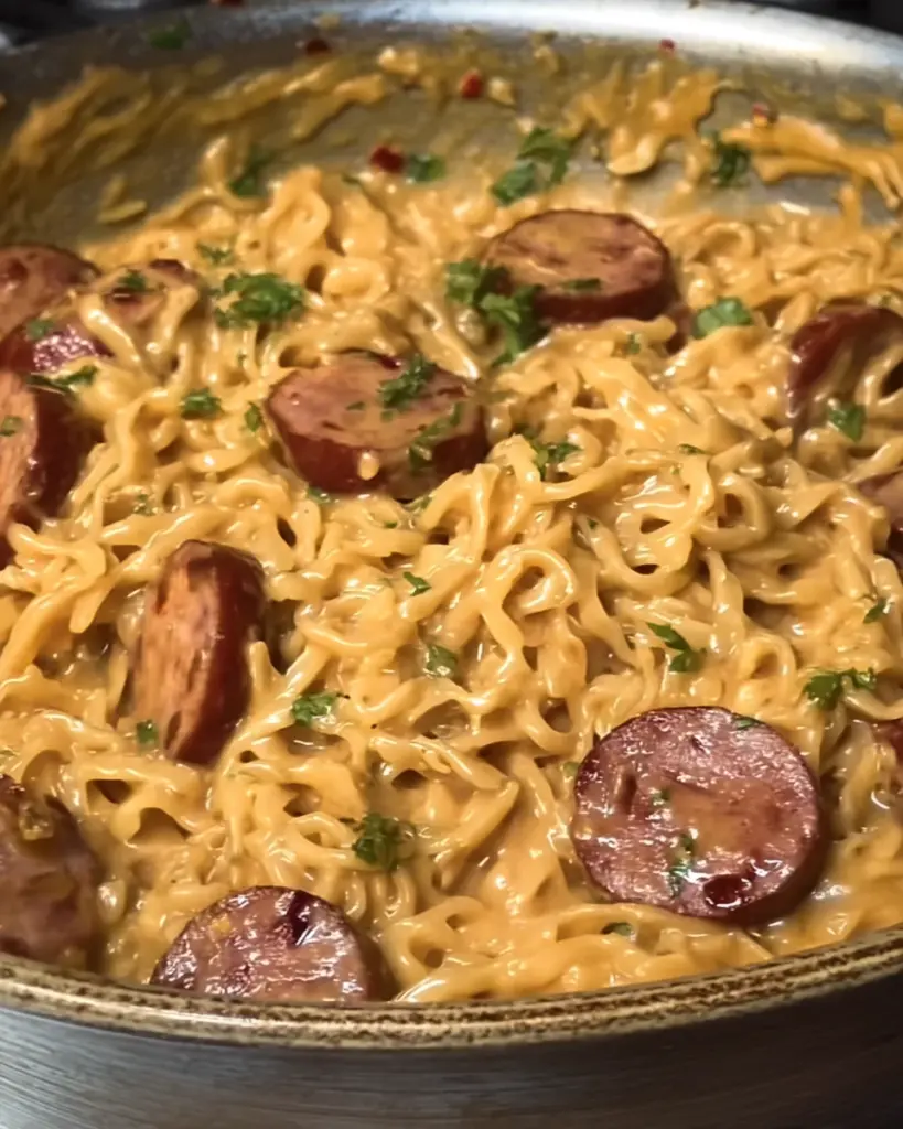 Creamy, spicy garlic noodles with sausage