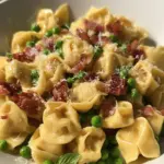 Tortellini with crispy pancetta and sweet baby peas
