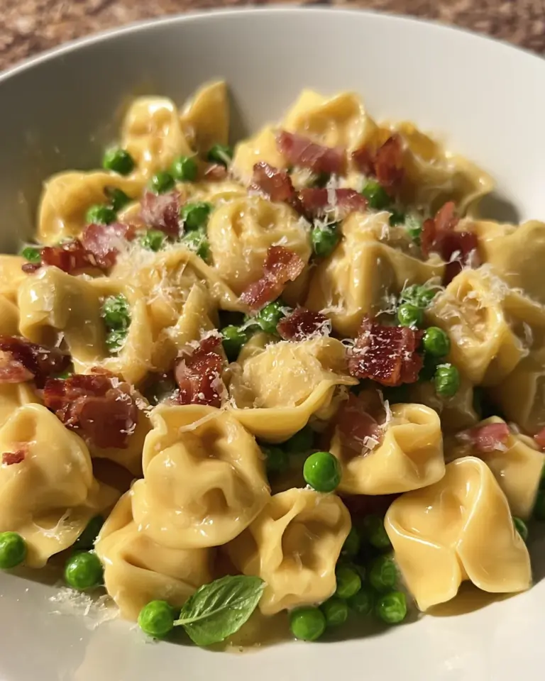 Tortellini with crispy pancetta and sweet baby peas