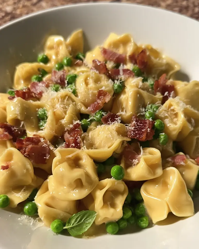 Tortellini with crispy pancetta and sweet baby peas