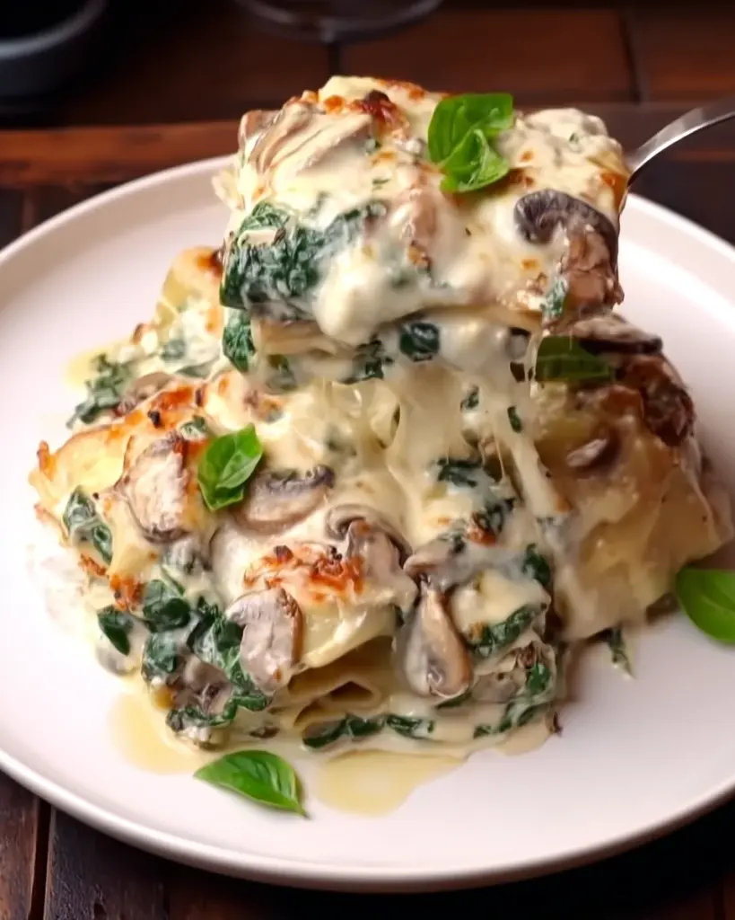 WHITE LASAGNA WITH GARLICKY GREENS & MUSHROOMS