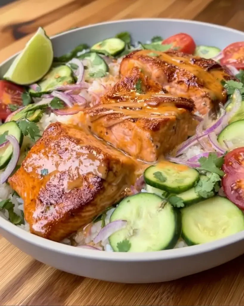 Air Fryer Bang Bang Salmon with Cucumber Salad