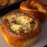 Bread Pots filled with chicken, mushrooms and cheese