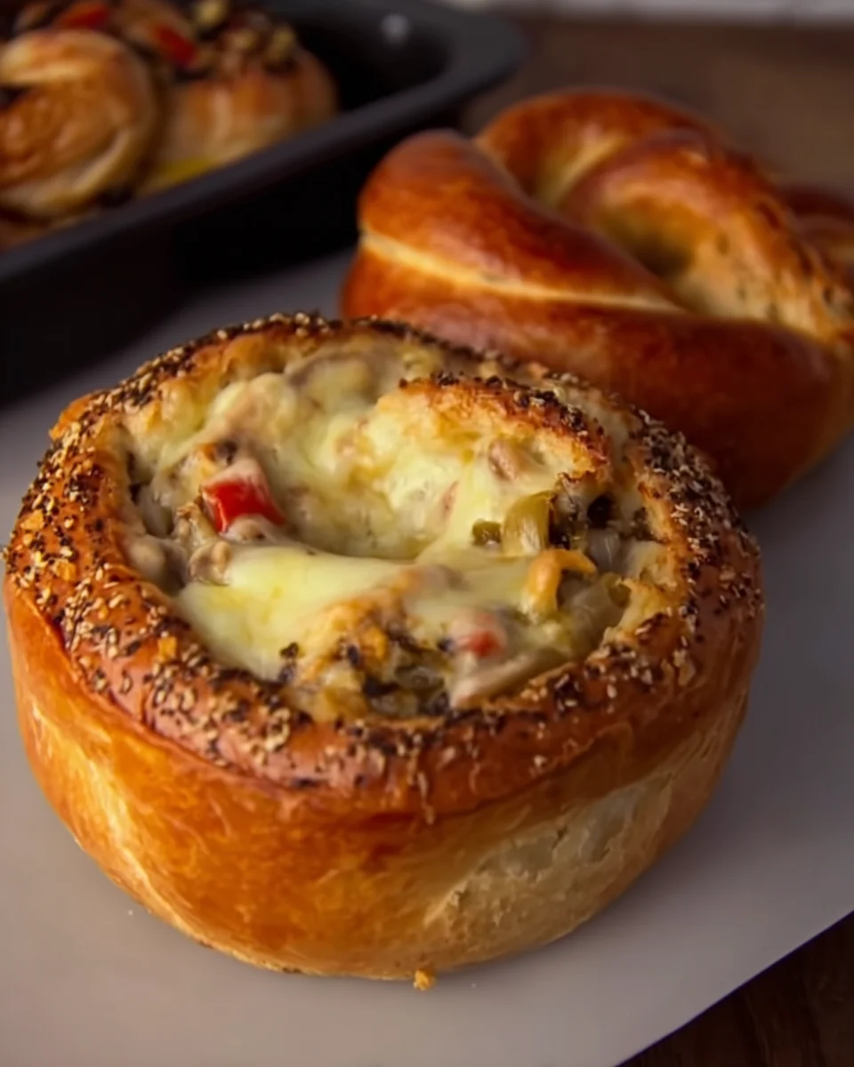 Bread Pots filled with chicken, mushrooms and cheese