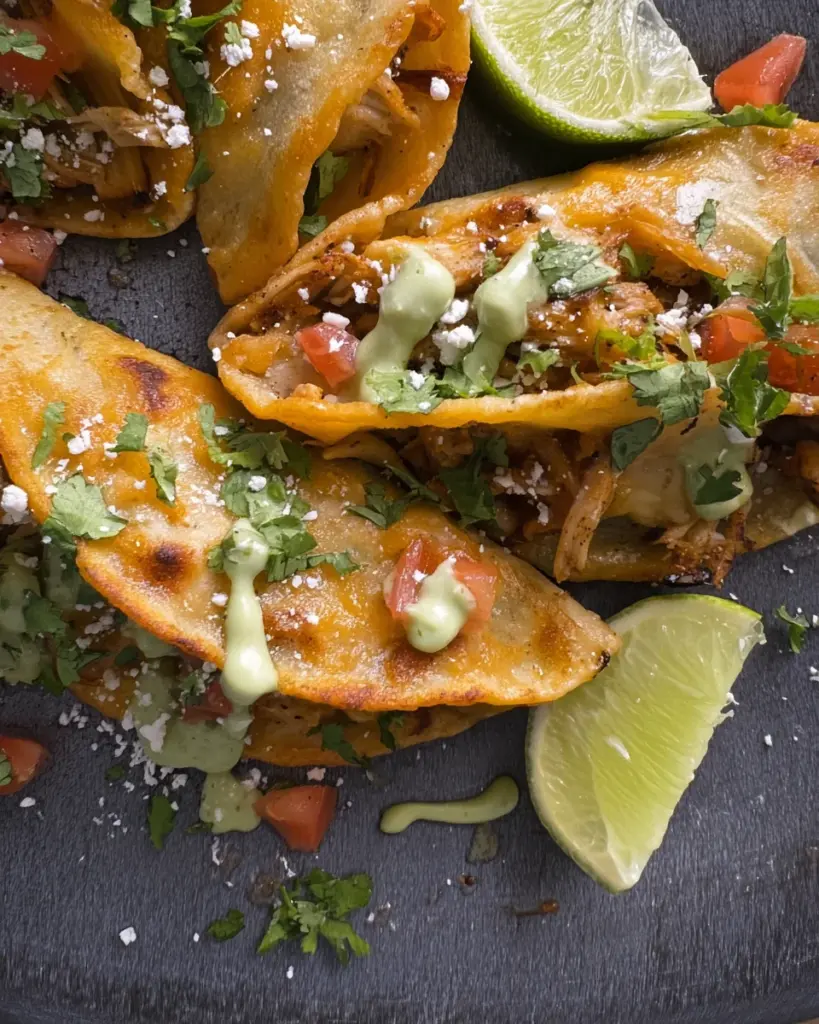 CRISPY CHICKEN CARNITAS TACOS with AVOCADO CILANTRO LIME SAUCE