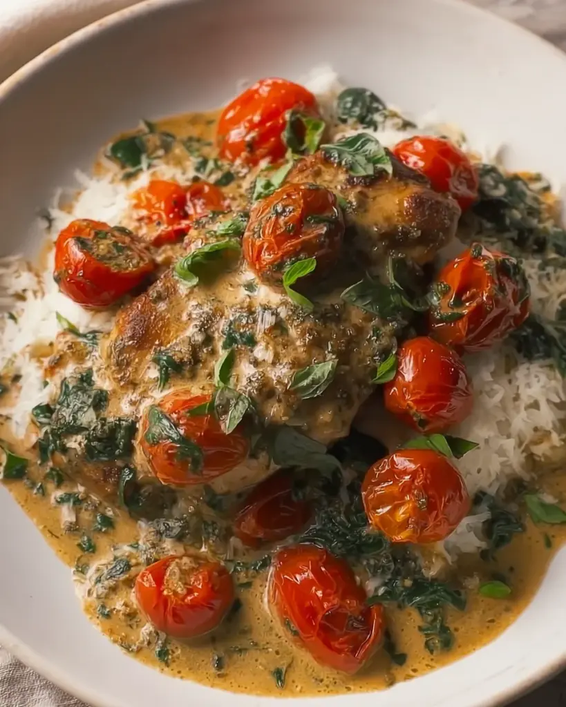 Creamy Pesto Chicken with Roasted Tomatoes & Spinach