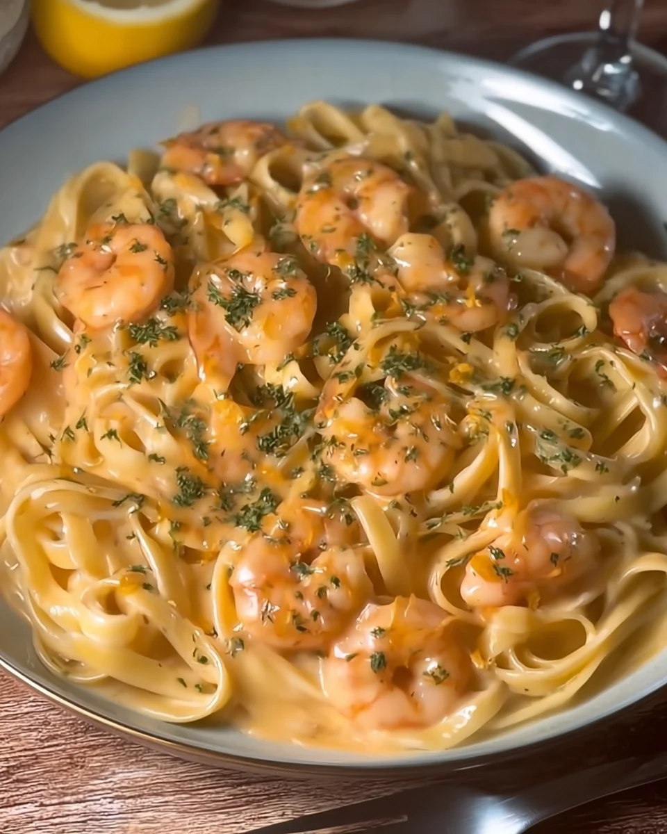 Creamy garlic butter prawn pasta
